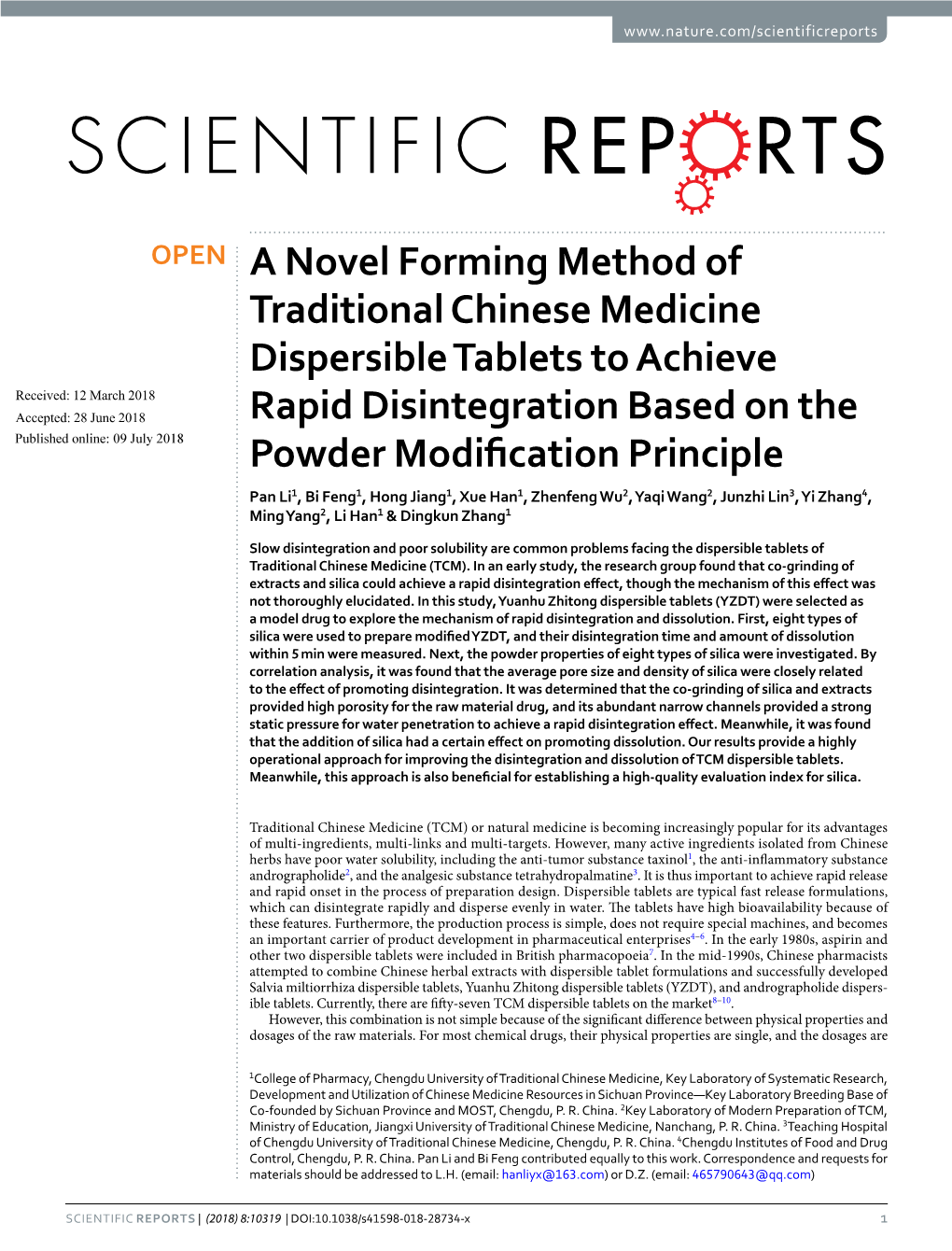 A Novel Forming Method of Traditional Chinese Medicine Dispersible