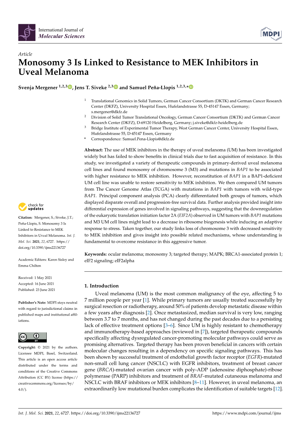 Monosomy 3 Is Linked to Resistance to MEK Inhibitors in Uveal Melanoma