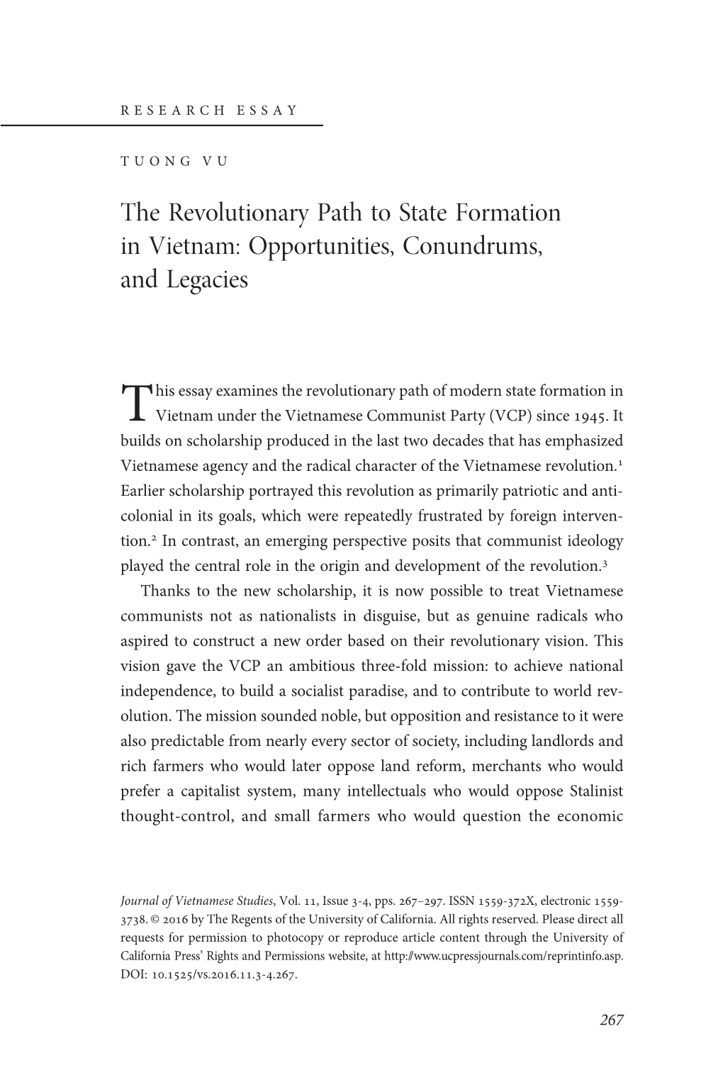 The Revolutionary Path to State Formation in Vietnam: Opportunities, Conundrums, and Legacies