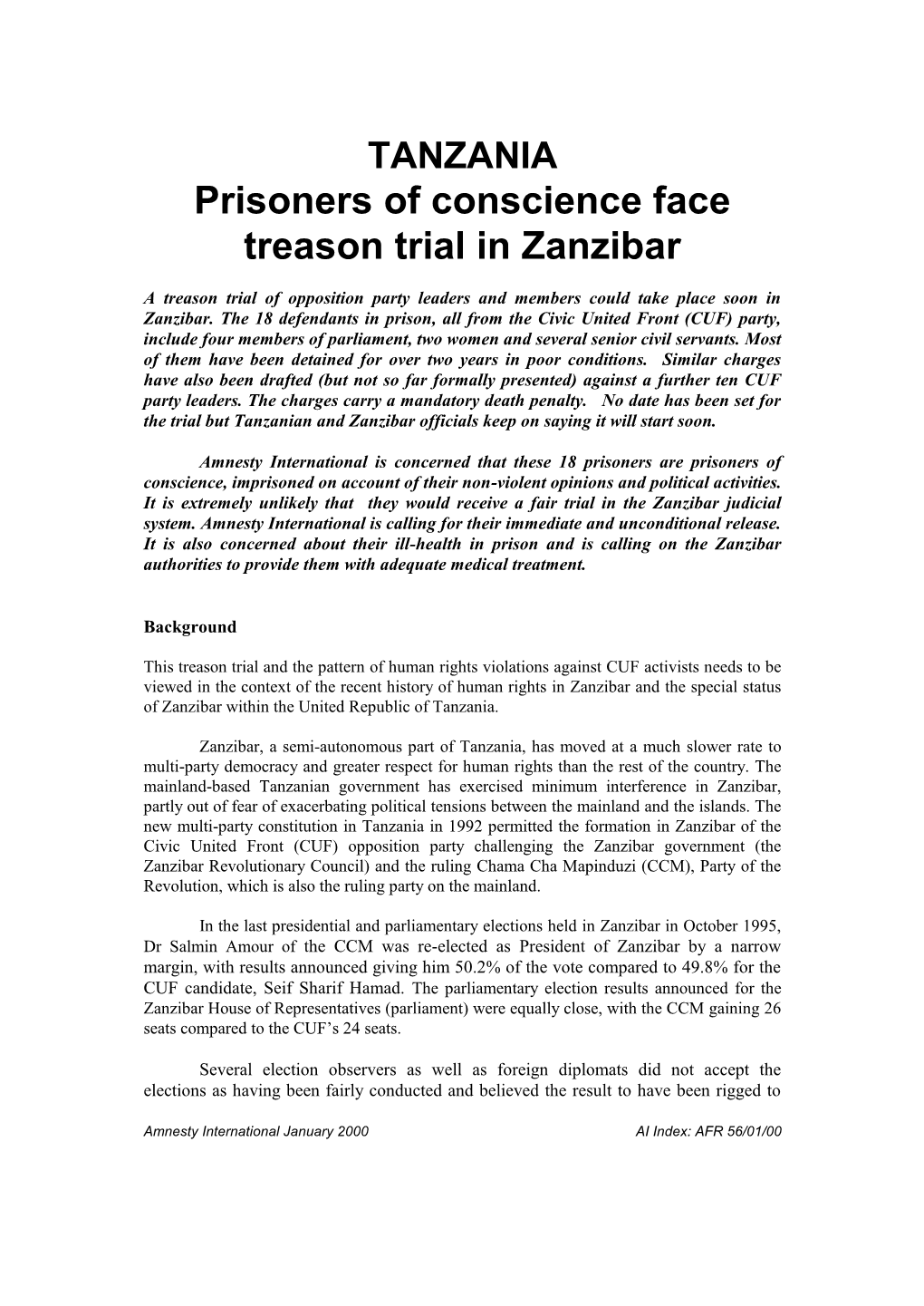Prisoners of Conscience Face Treason Trial in Zanzibar
