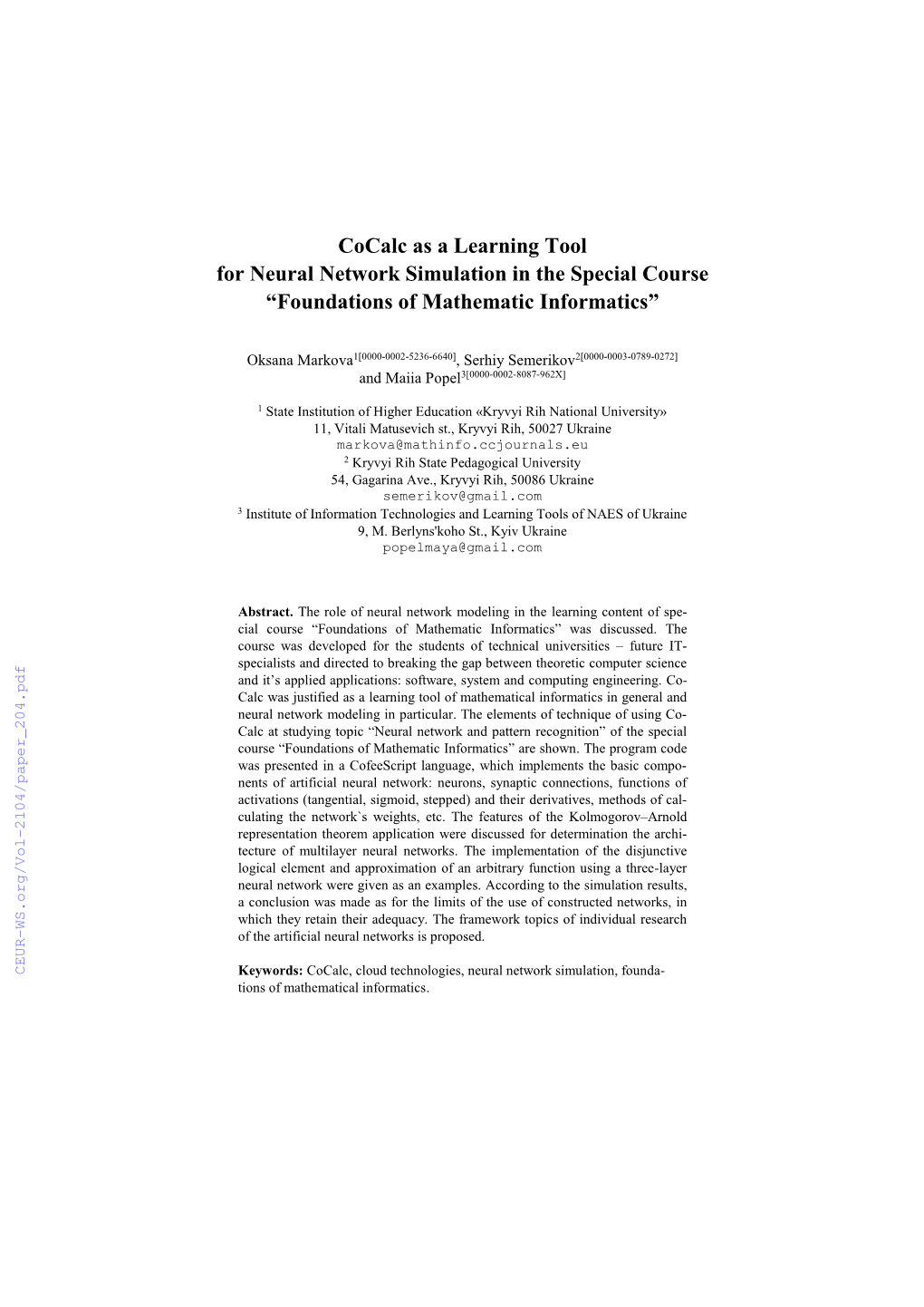 Cocalc As a Learning Tool for Neural Network Simulation in the Special Course “Foundations of Mathematic Informatics”