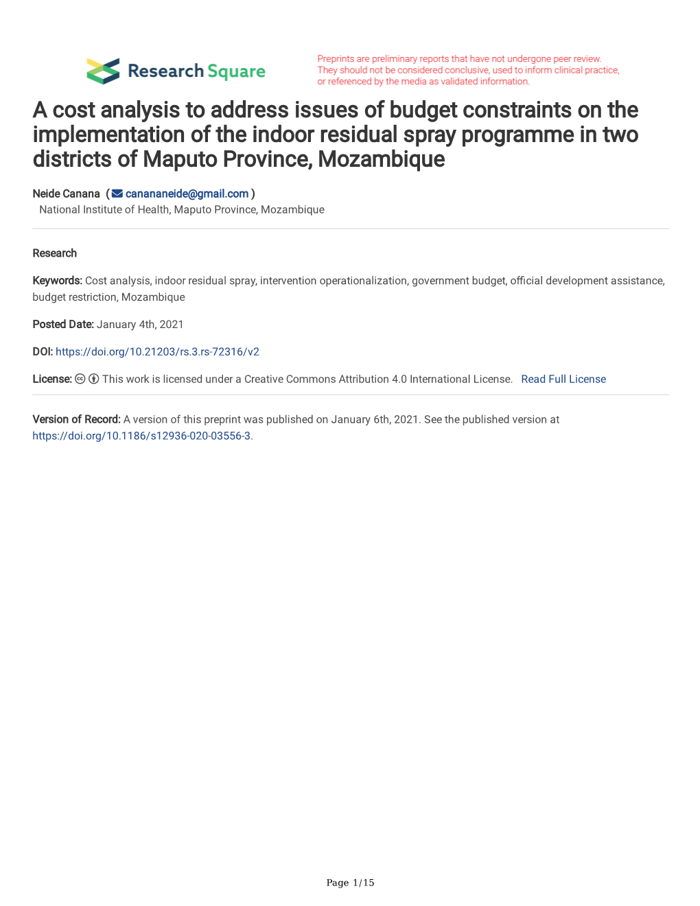 A Cost Analysis to Address Issues of Budget Constraints on the Implementation of the Indoor Residual Spray Programme in Two Districts of Maputo Province, Mozambique