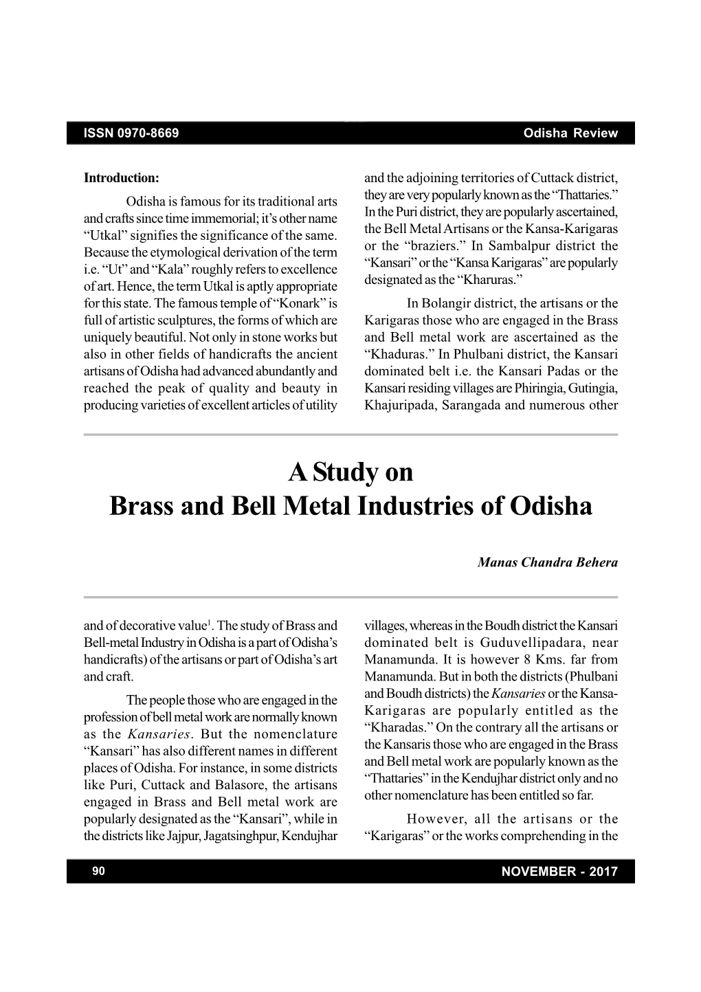 A Study on Brass and Bell Metal Industries of Odisha