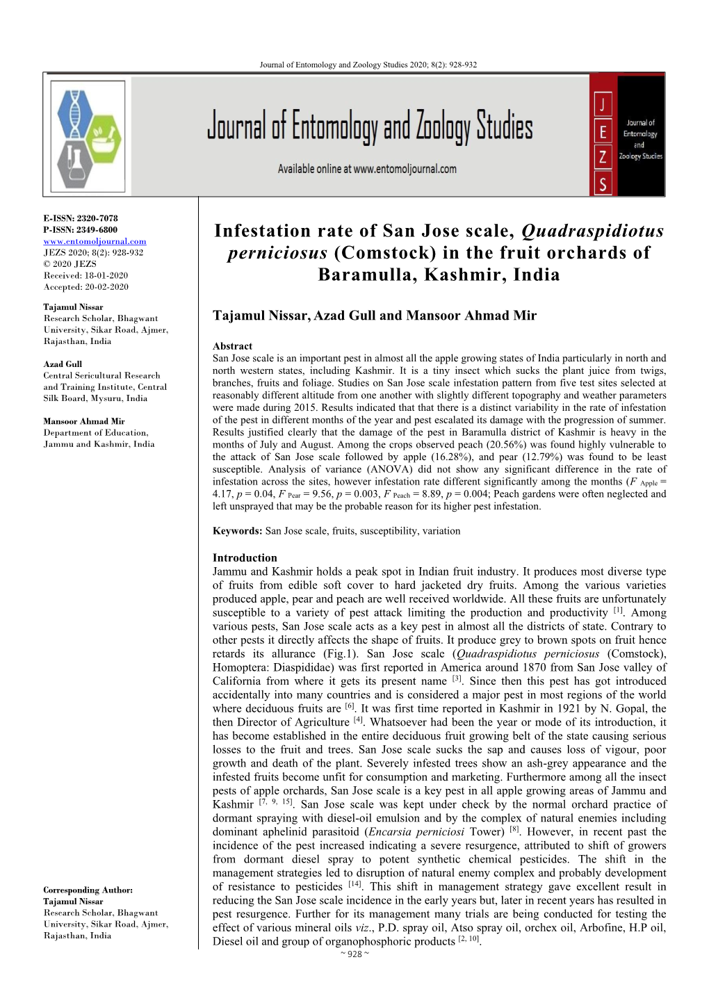 Infestation Rate of San Jose Scale, Quadraspidiotus Perniciosus