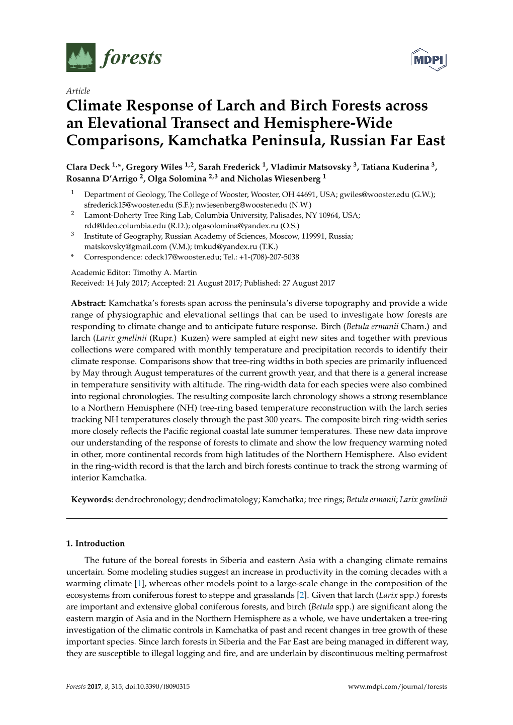 Climate Response of Larch and Birch Forests Across an Elevational Transect and Hemisphere-Wide Comparisons, Kamchatka Peninsula, Russian Far East