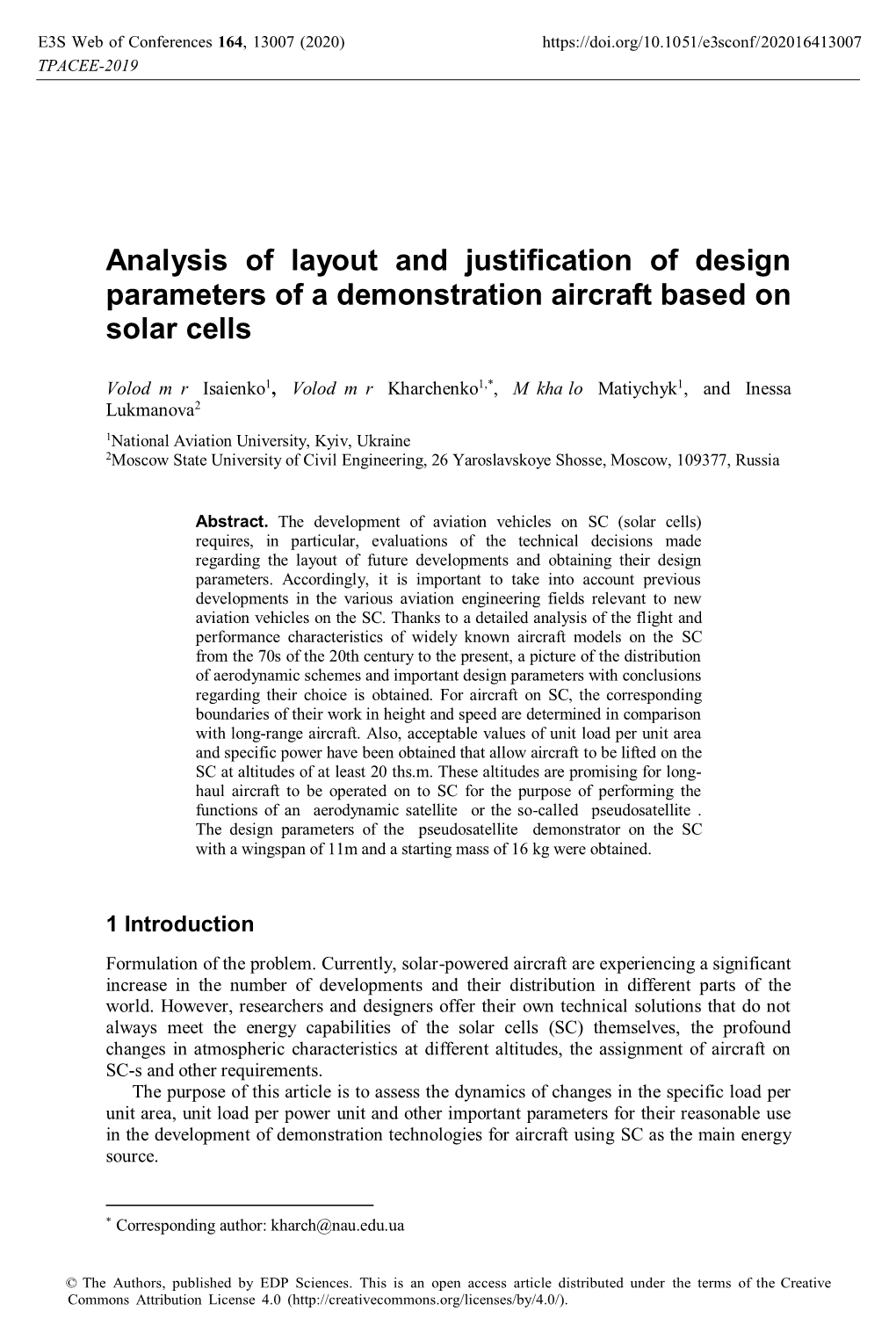 Analysis of Layout and Justification of Design Parameters of a Demonstration Aircraft Based on Solar Cells