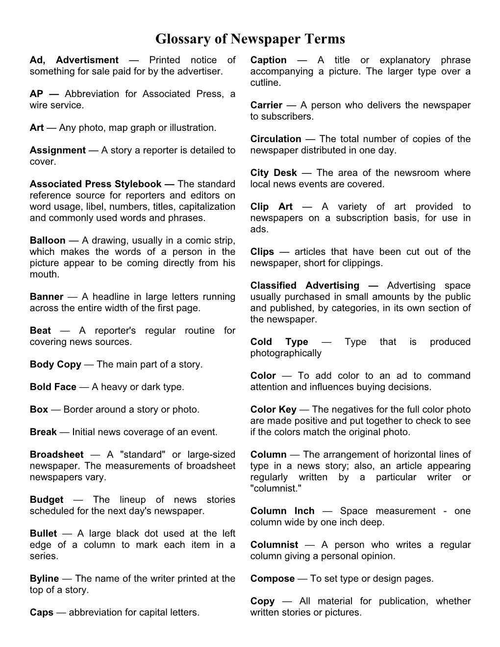 Glossary of Newspaper Terms