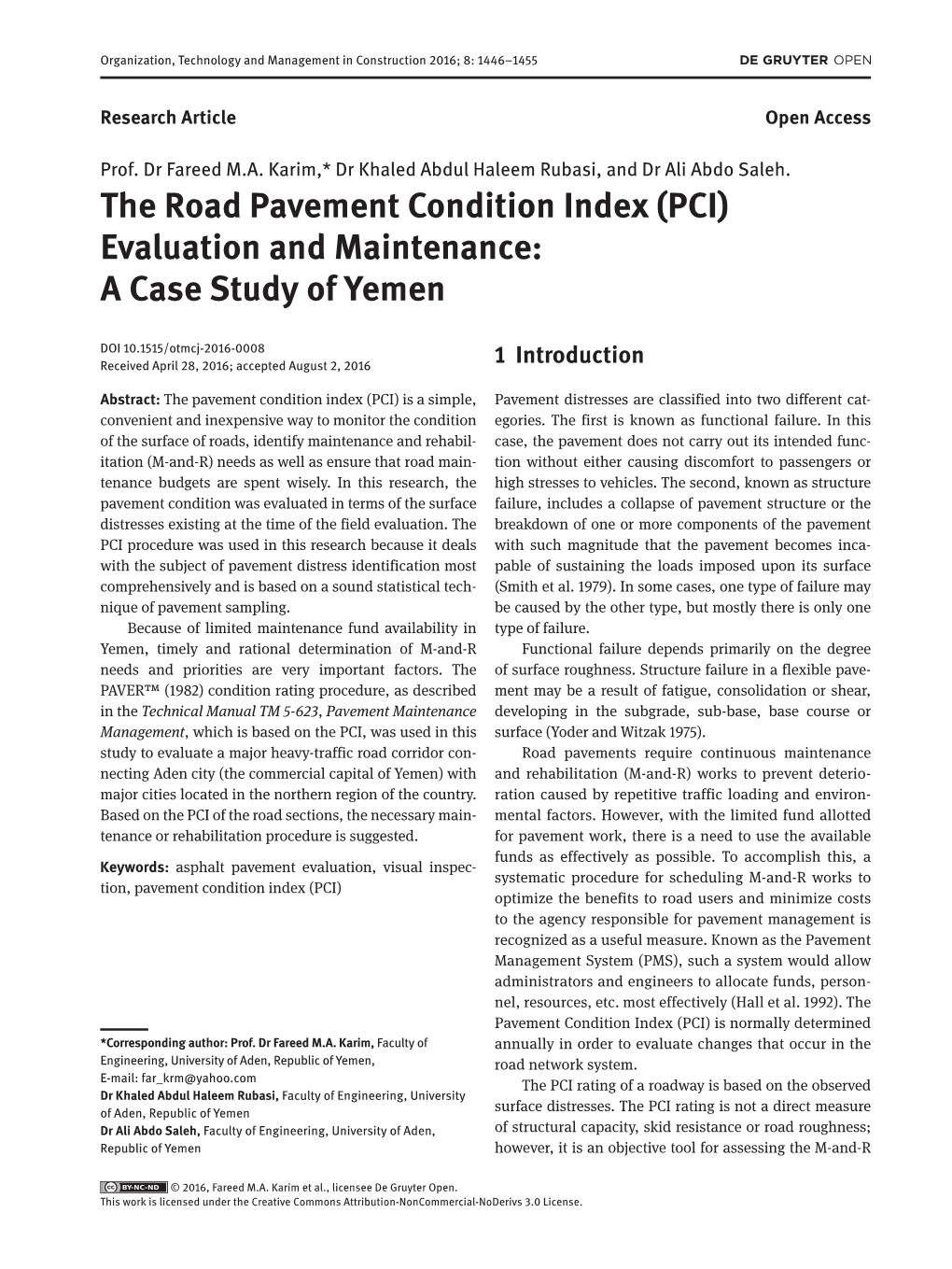 The Road Pavement Condition Index (PCI) Evaluation and Maintenance: a Case Study of Yemen