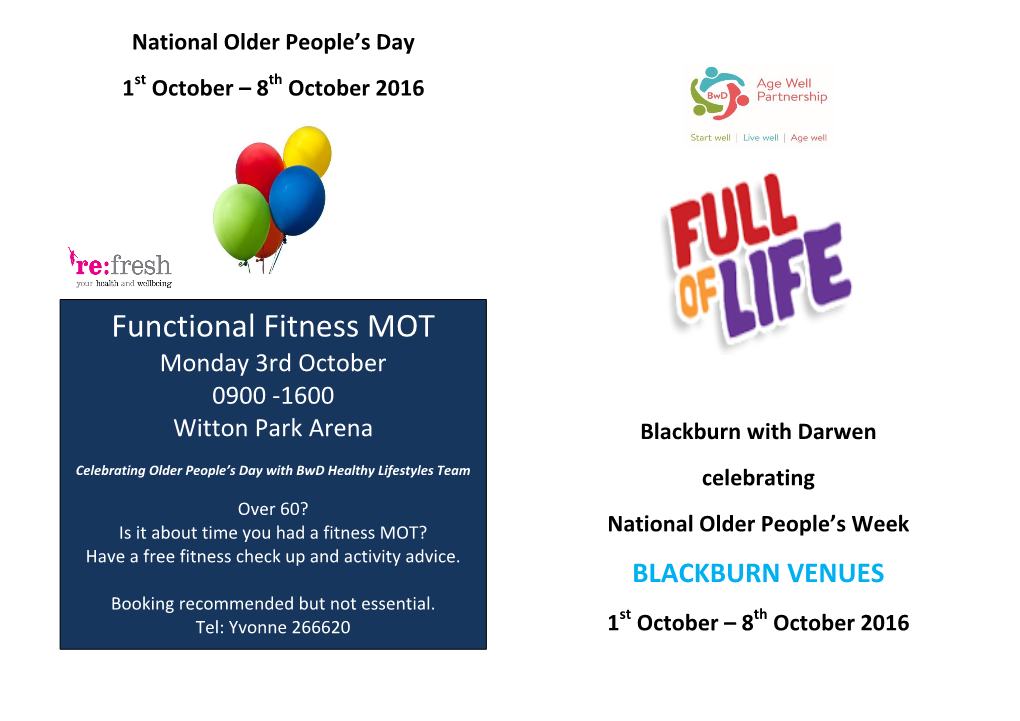 Functional Fitness MOT Monday 3Rd October 0900 -1600 Witton Park Arena Blackburn with Darwen