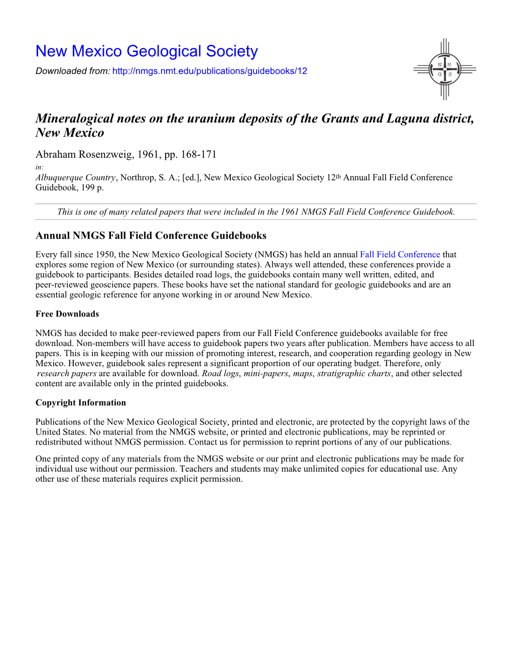 Mineralogical Notes on the Uranium Deposits of the Grants and Laguna District, New Mexico Abraham Rosenzweig, 1961, Pp