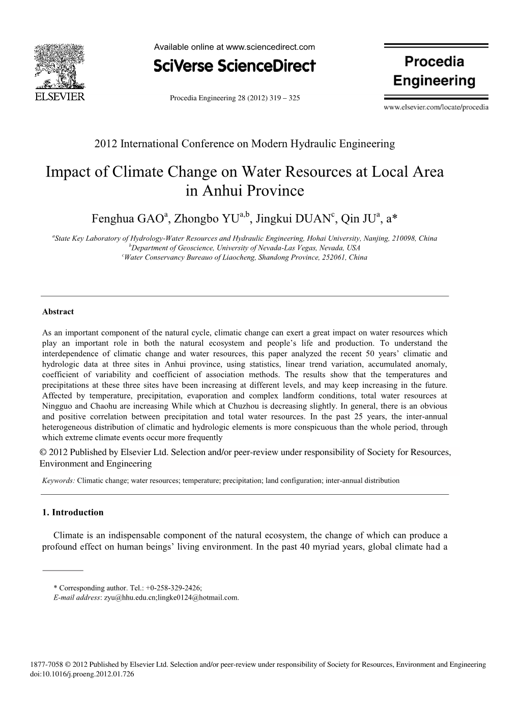 Impact of Climate Change on Water Resources at Local Area in Anhui Province