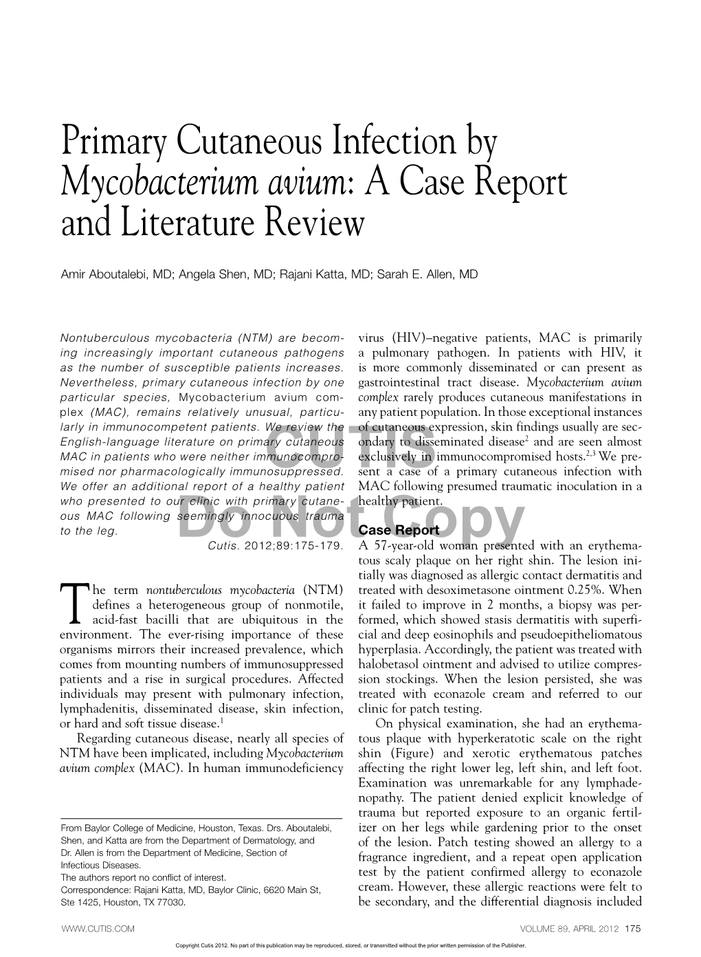 Primary Cutaneous Infection by Mycobacterium Avium: a Case Report and Literature Review