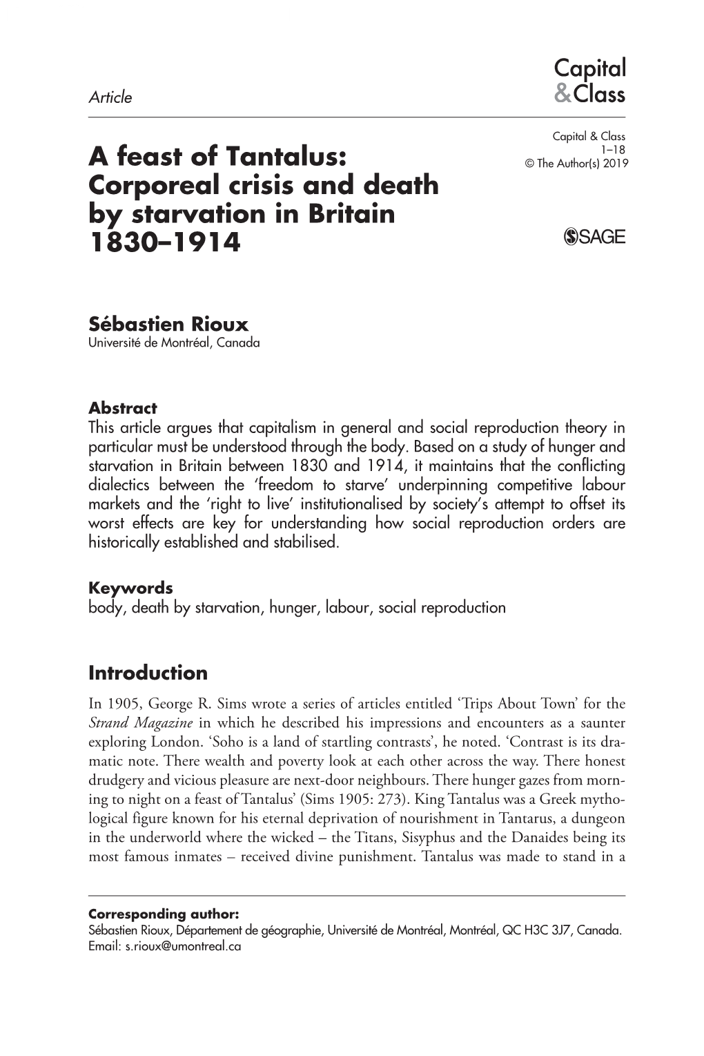 Corporeal Crisis and Death by Starvation in Britain 1830–1914
