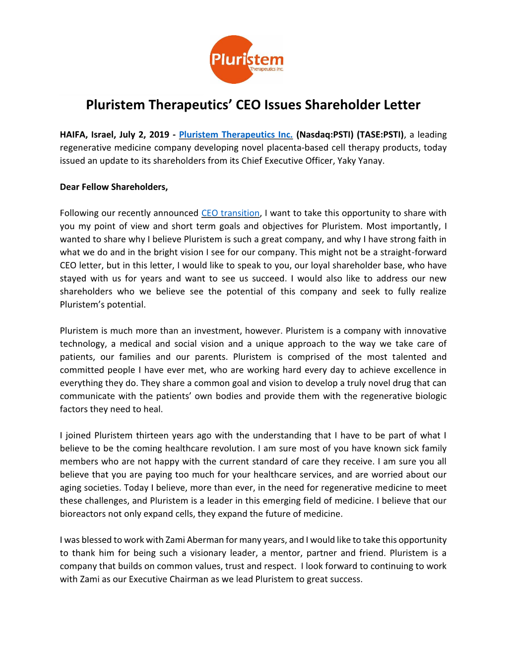 Pluristem Therapeutics' CEO Issues Shareholder Letter