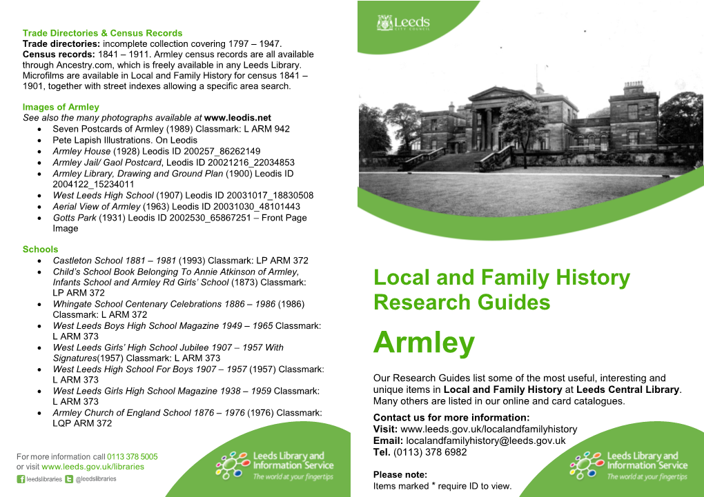 Armley Census Records Are All Available Through Ancestry.Com, Which Is Freely Available in Any Leeds Library