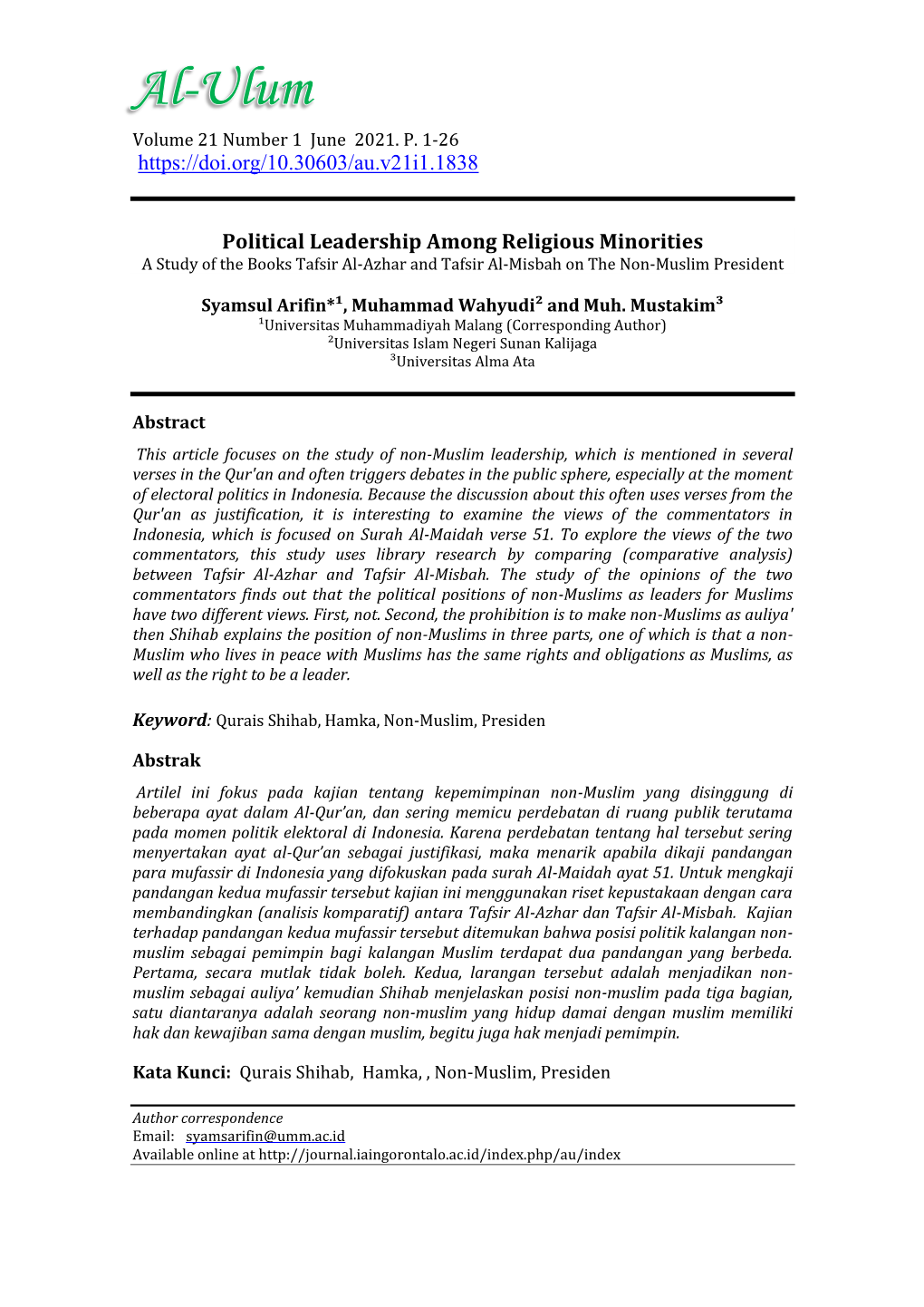 Political Leadership Among Religious Minorities a Study of the Books Tafsir Al-Azhar and Tafsir Al-Misbah on the Non-Muslim President