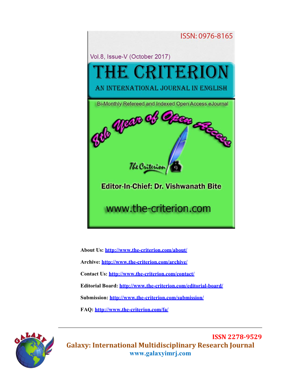 Galaxy: International Multidisciplinary Research Journal the Criterion: an International Journal in English Vol