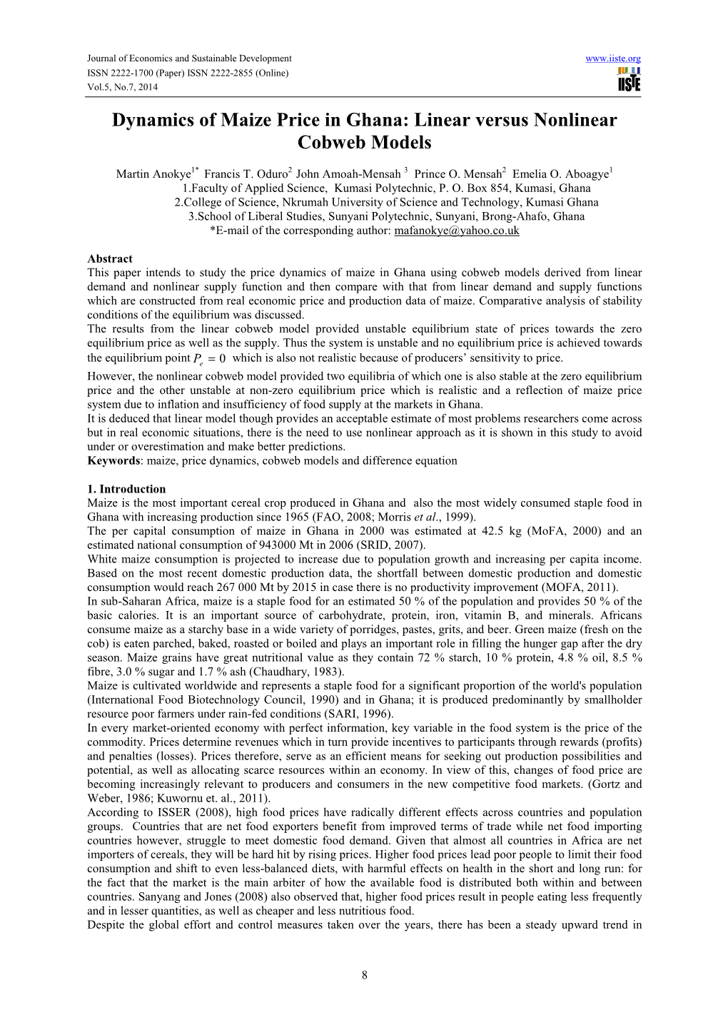 Dynamics of Maize Price in Ghana: Linear Versus Nonlinear Cobweb Models