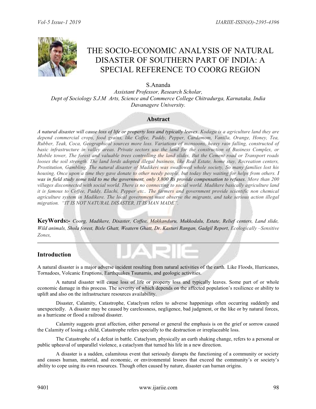 The Socio-Economic Analysis of Natural Disaster of Southern Part of India: a Special Reference to Coorg Region