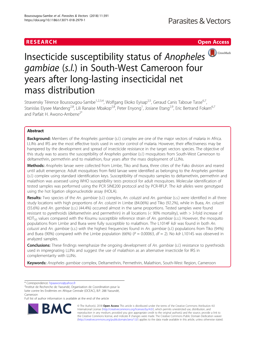Insecticide Susceptibility Status of Anopheles Gambiae (Sl)