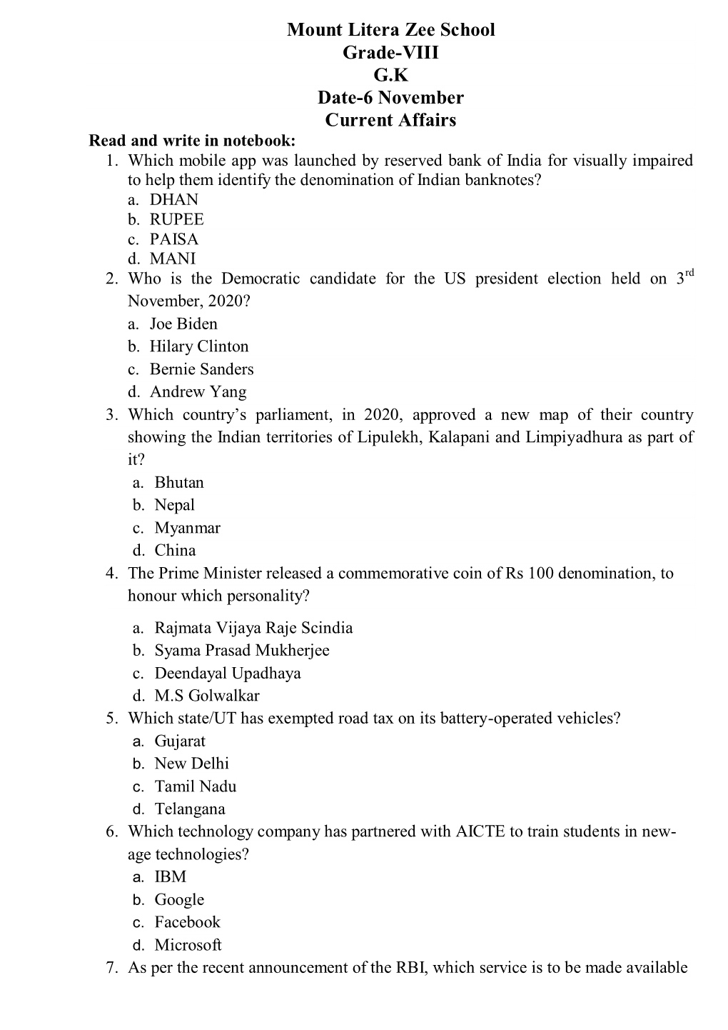 Mount Litera Zee School Grade-VIII G.K Date-6 November Current Affairs Read and Write in Notebook: 1