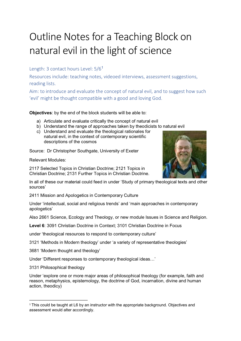 Outline Notes for a Teaching Block on Natural Evil in the Light of Science