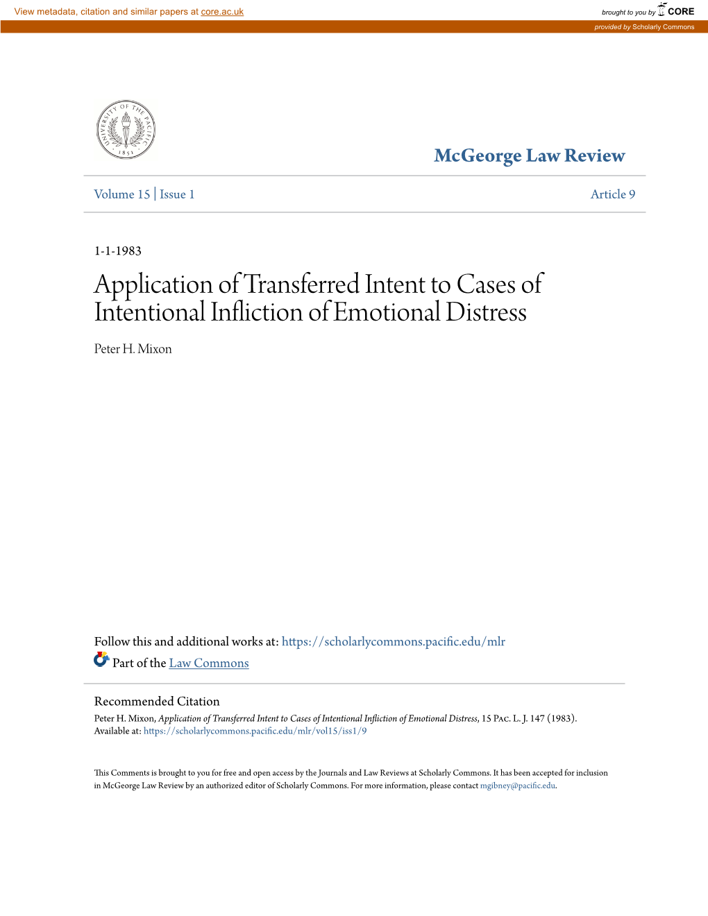 Application of Transferred Intent to Cases of Intentional Infliction of Emotional Distress Peter H