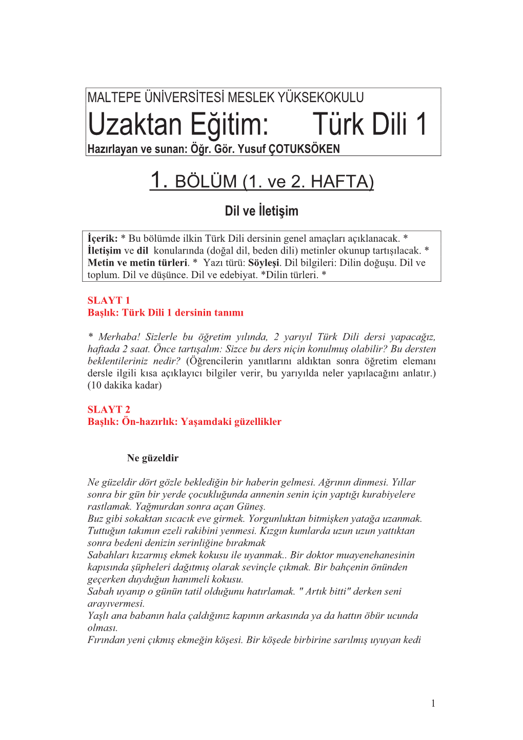 Türk Dili 1 Haz�Rlayan Ve Sunan: Ö�R