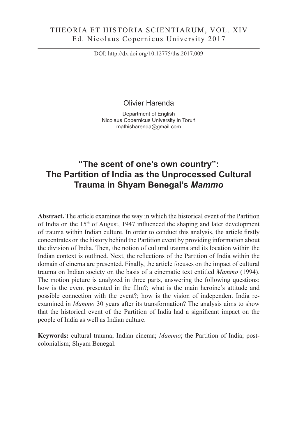 “The Scent of One's Own Country”: the Partition of India As The