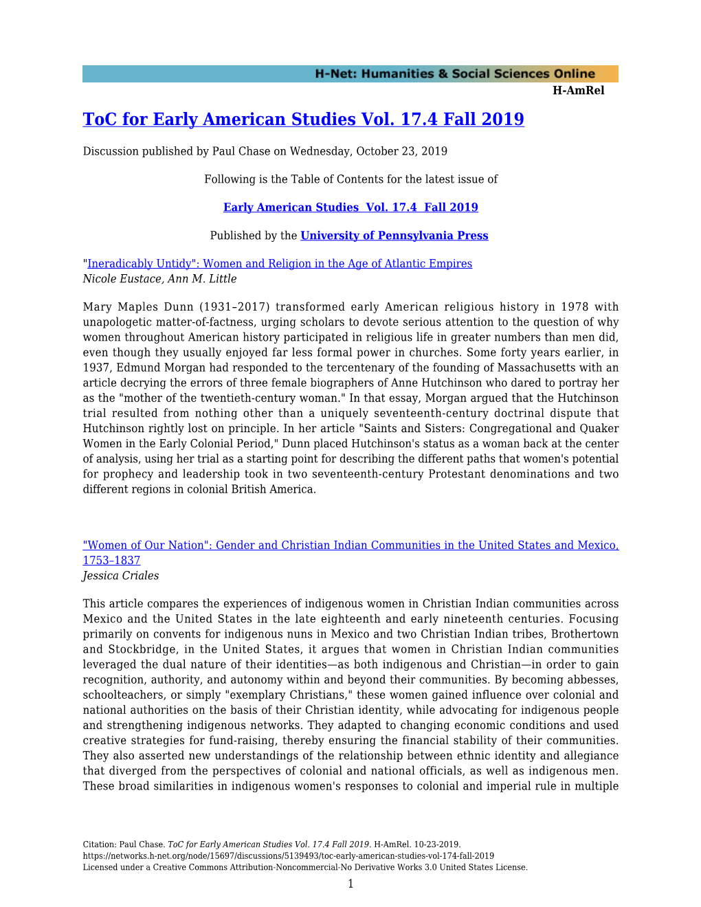 Toc for Early American Studies Vol. 17.4 Fall 2019