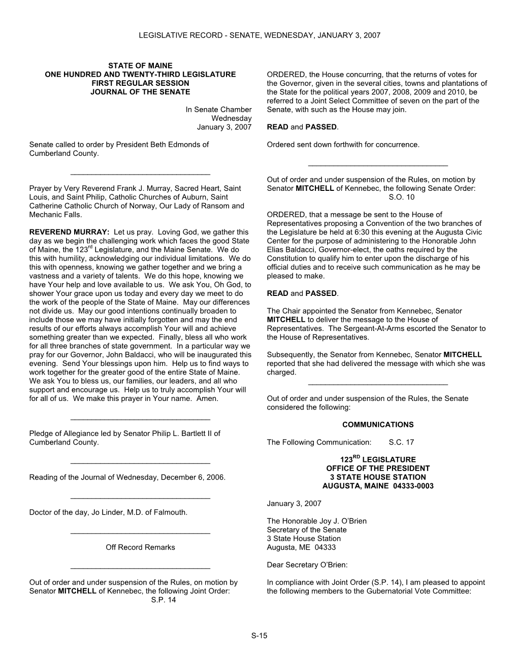 Legislative Record - Senate, Wednesday, January 3, 2007