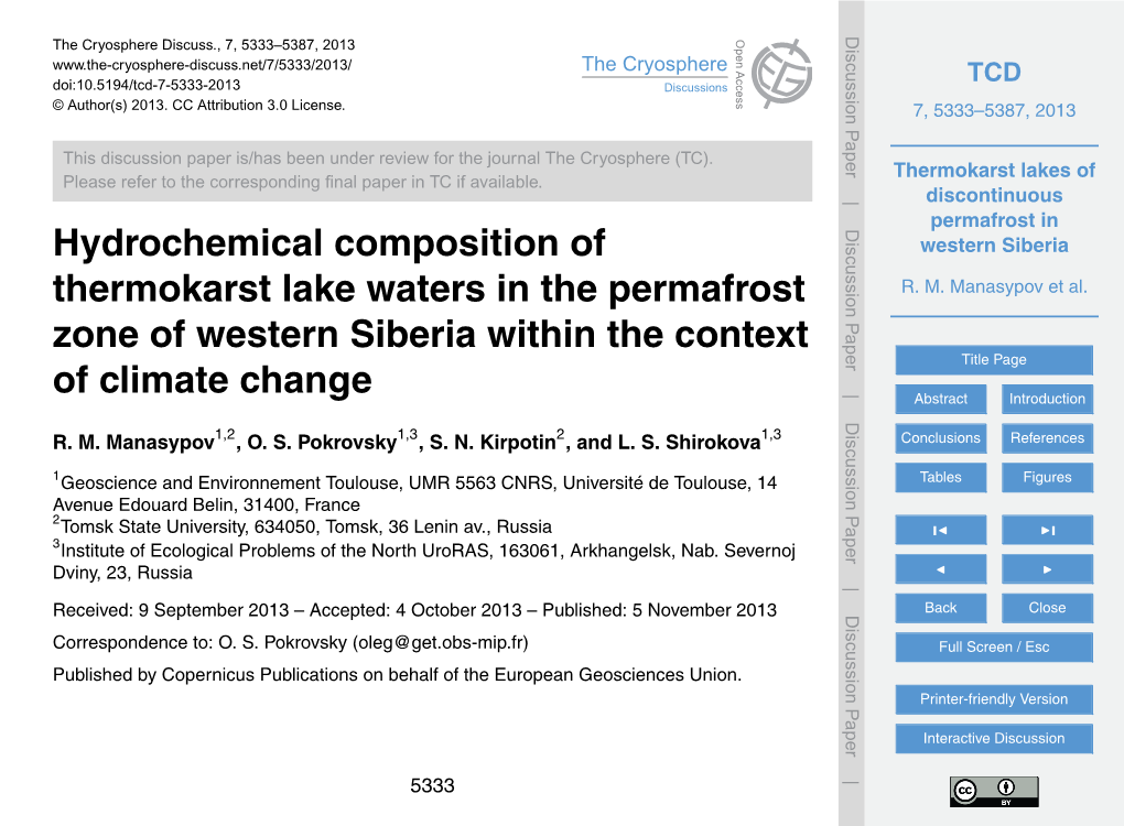 Thermokarst Lakes of Discontinuous Permafrost in Western Siberia