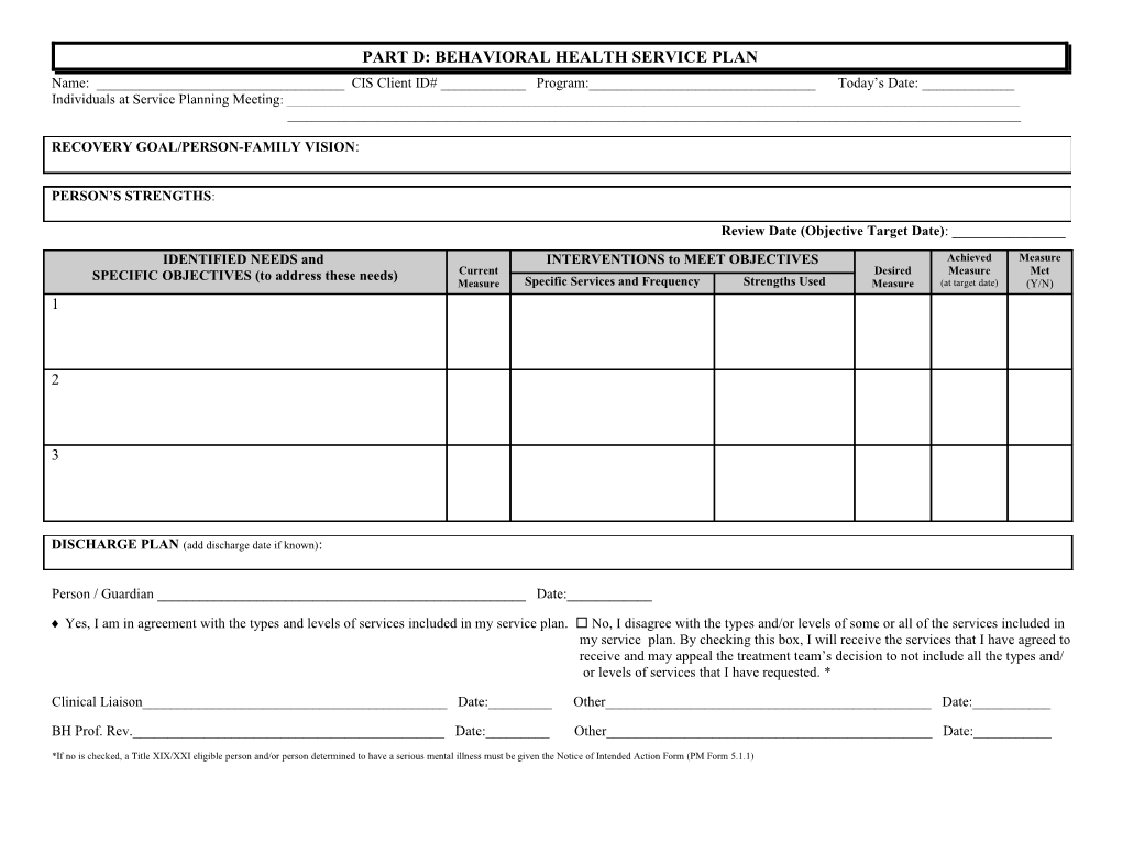 Part D: Behavioral Health Service Plan