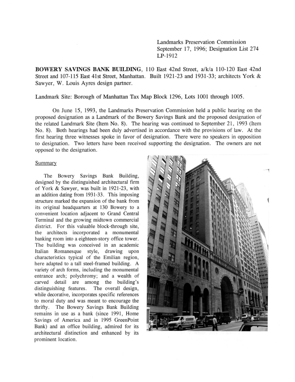 BOWERY SAVINGS BANK BUILDING, 110 East 42Nd Street, A/K/A 110-120 East 42Nd Street and 107-115 East 4Lst Street, Manhattan