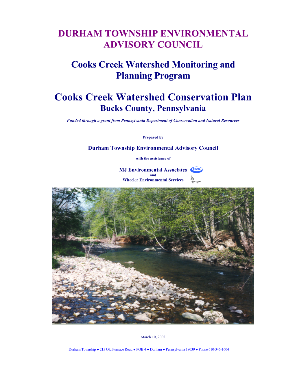 Cooks Creek Watershed Conservation Plan Bucks County, Pennsylvania