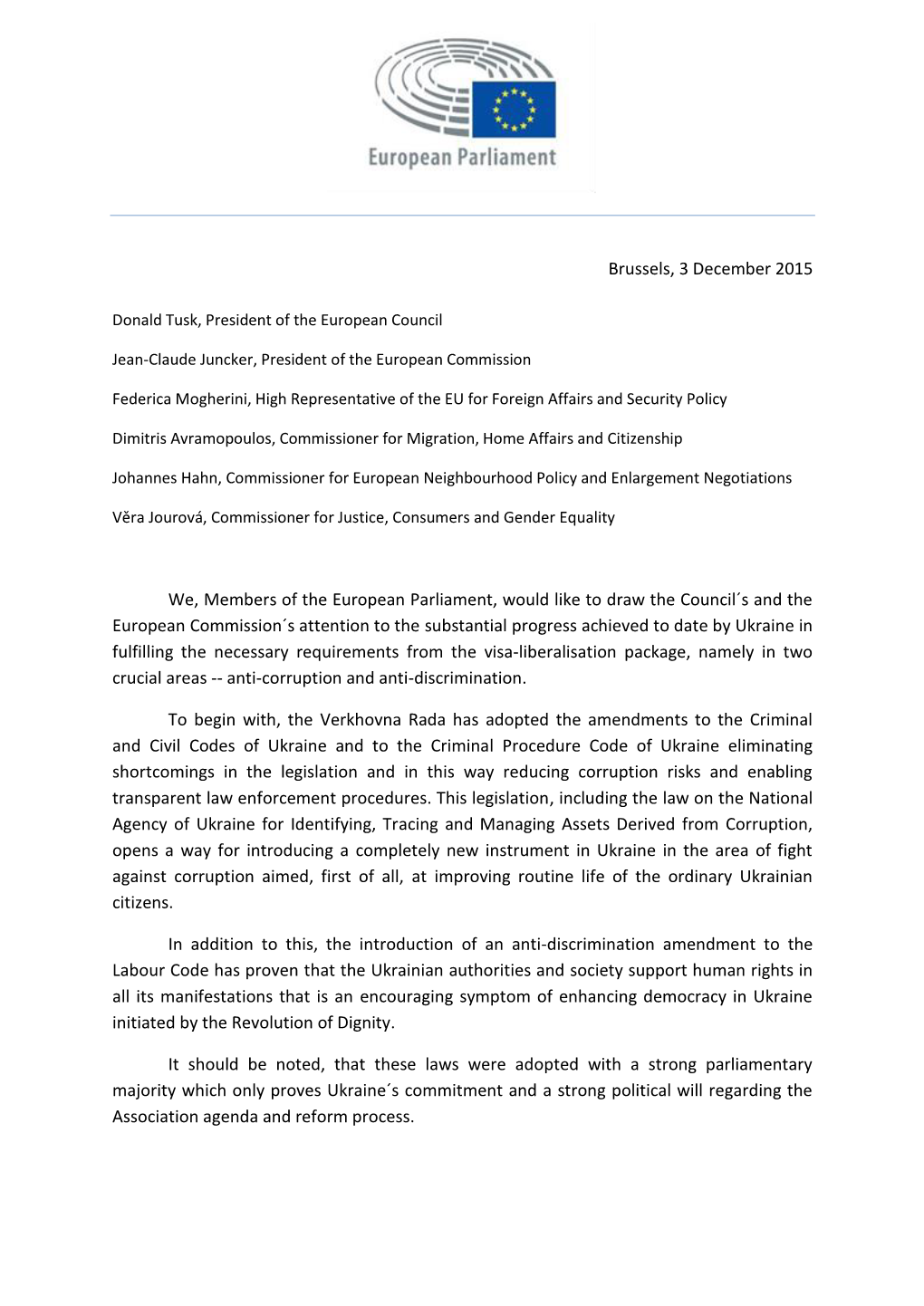 Letter of Support for Visa Liberalisation