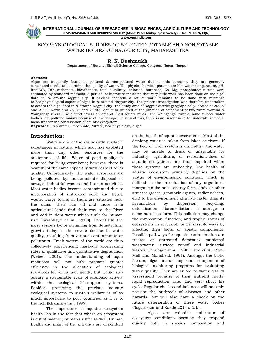 440 Ecophysiological Studies of Selected Potable And