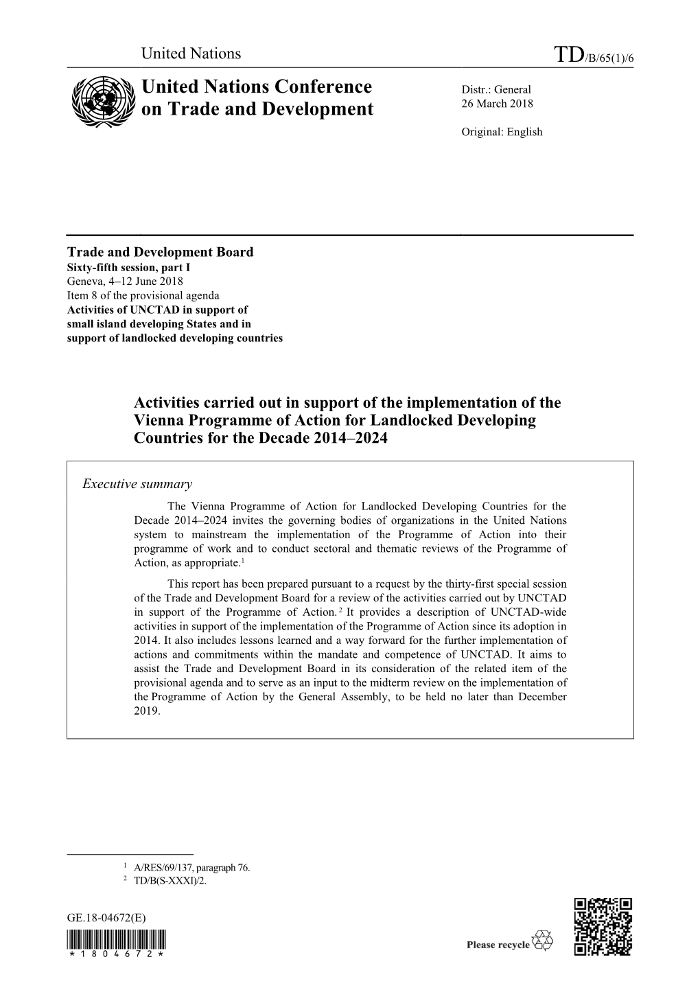 Activities Carried out in Support of the Implementation of the Vienna Programme of Action for Landlocked Developing Countries for the Decade 2014–2024