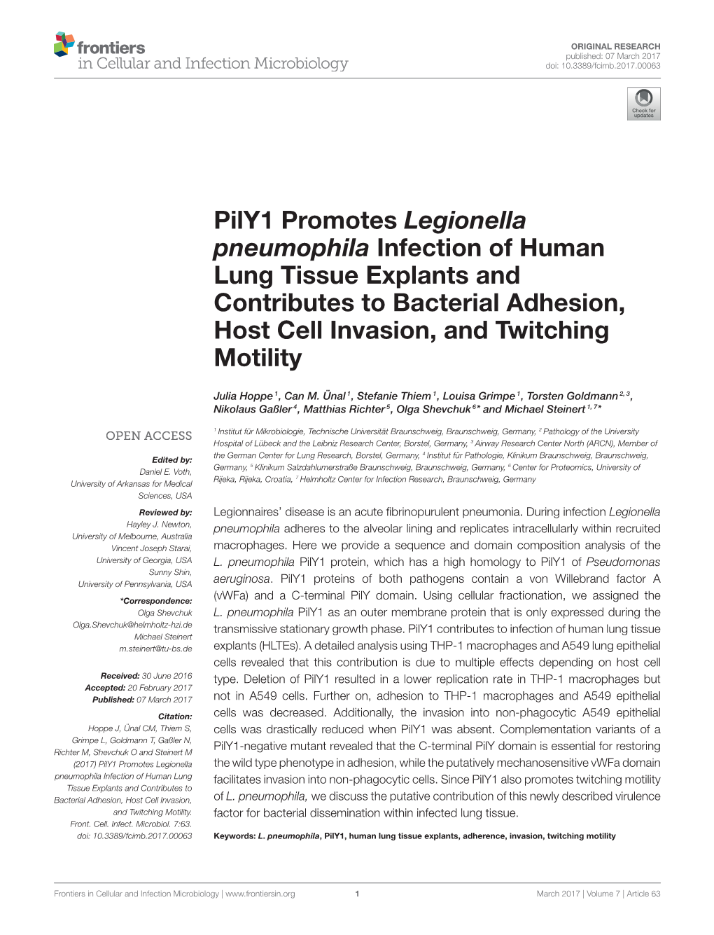 Pily1 Promotes Legionella Pneumophila Infection of Human Lung Tissue Explants and Contributes to Bacterial Adhesion, Host Cell Invasion, and Twitching Motility