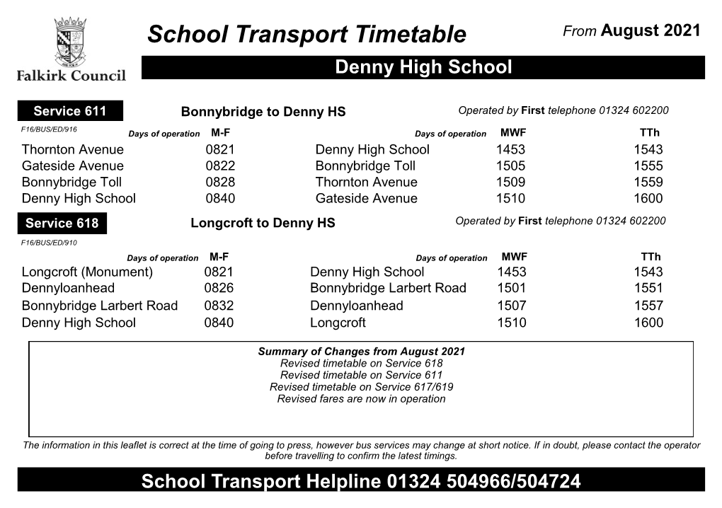 Denny High School Bus Timetable