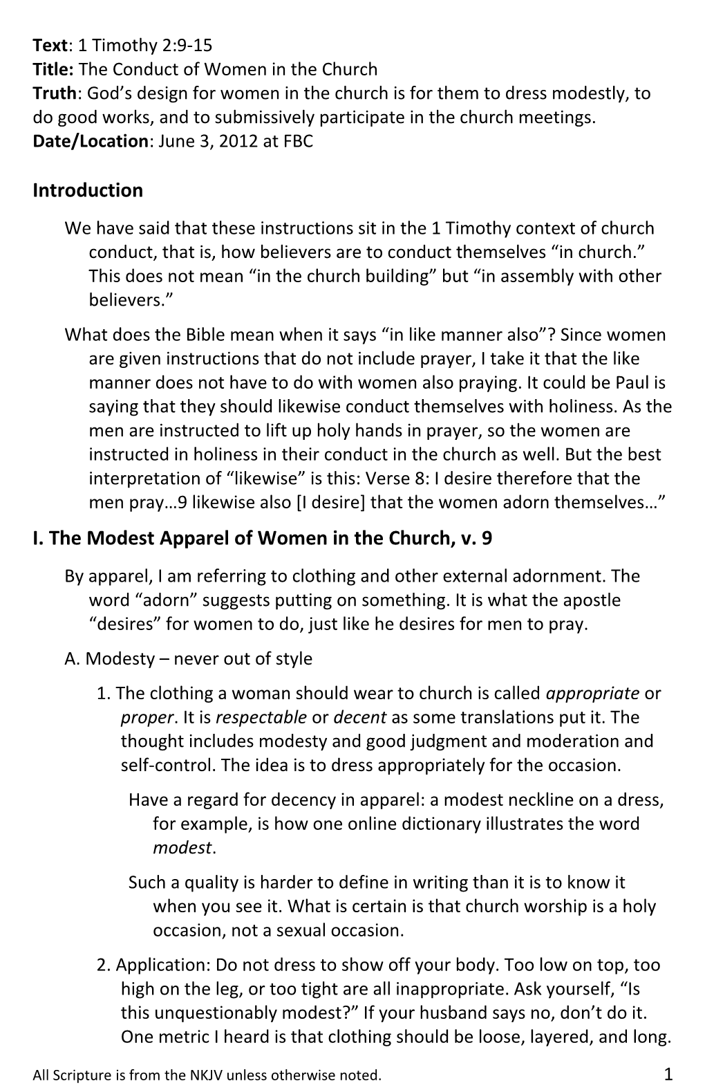 Title: the Conduct of Women in the Church