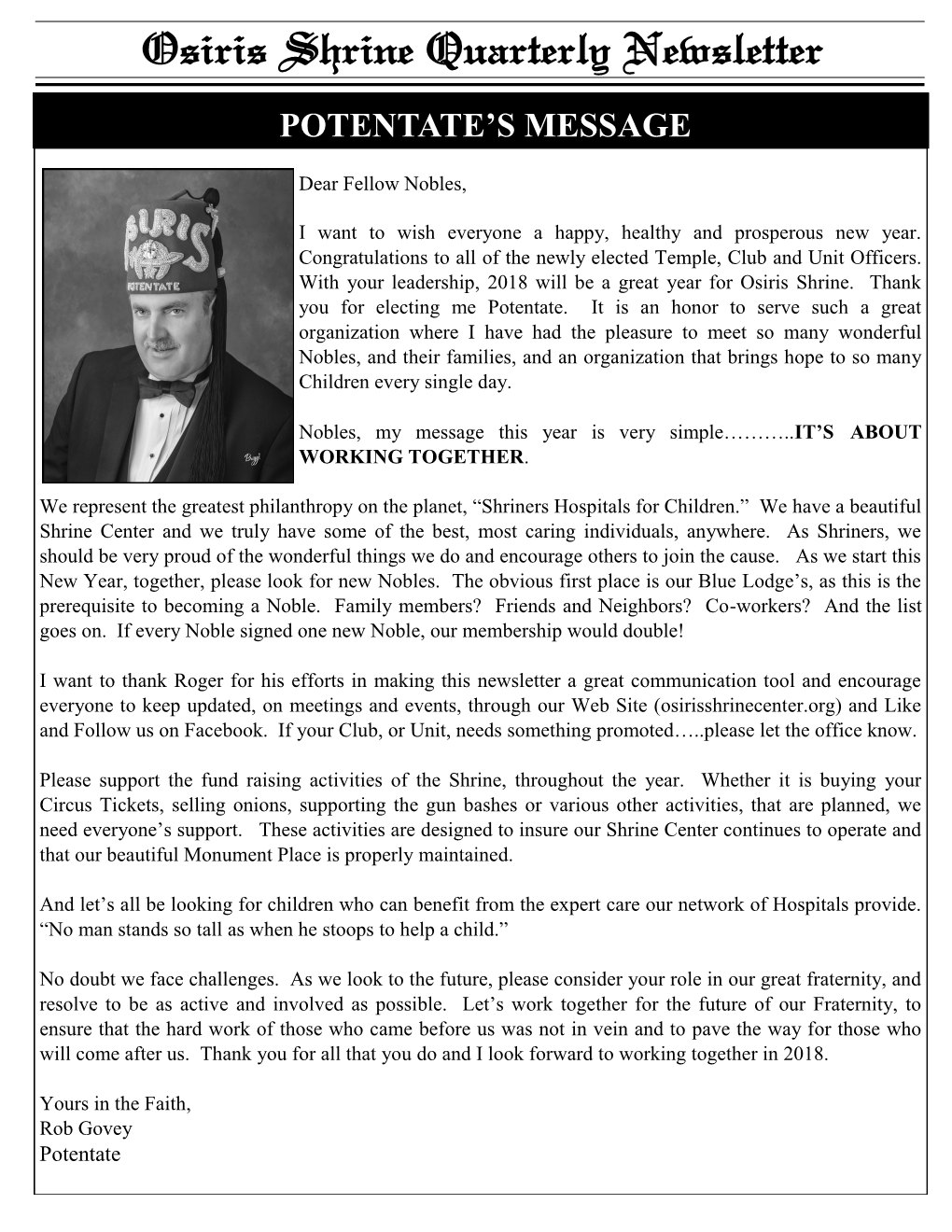 Osiris Shrine Quarterly Newsletter POTENTATE’S MESSAGE