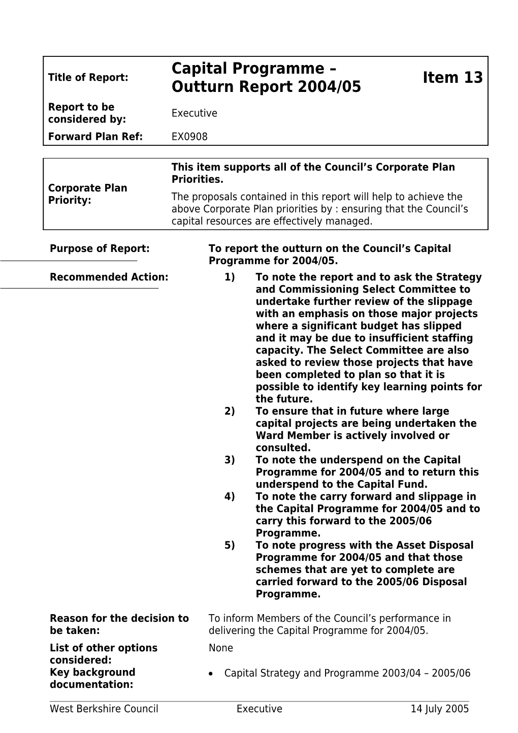 Report Format for Select Committee Meetings