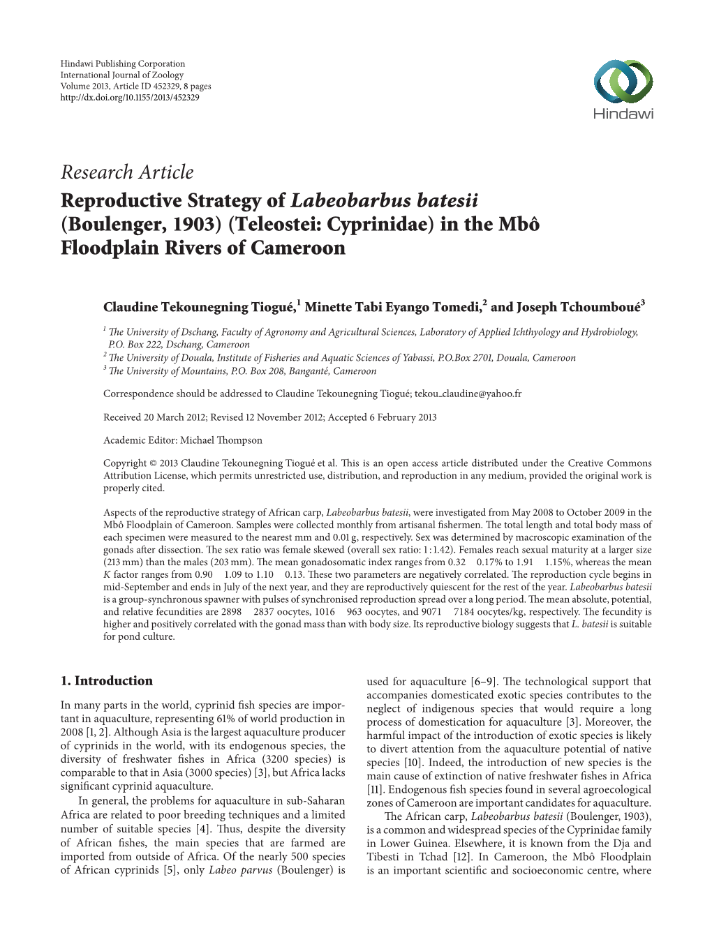 Reproductive Strategy of Labeobarbus Batesii (Boulenger, 1903) (Teleostei: Cyprinidae) in the Mbô Floodplain Rivers of Cameroon