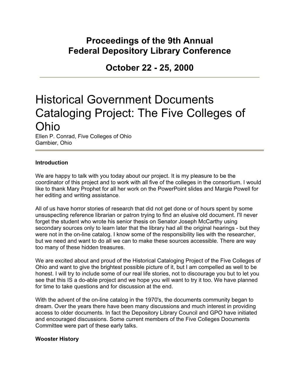 Historical Government Documents Cataloging Project: the Five Colleges of Ohio Ellen P