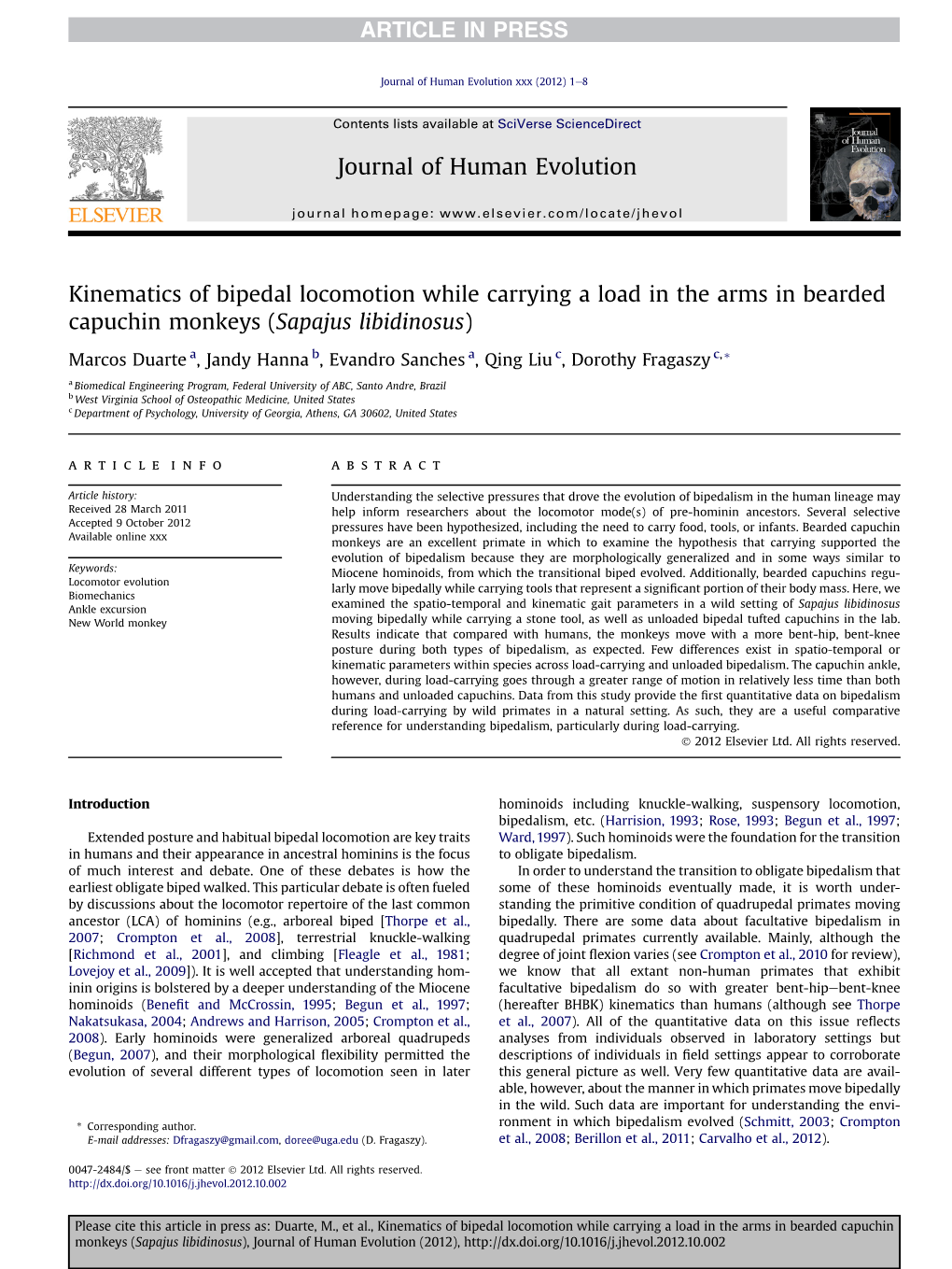 Kinematics of Bipedal Locomotion While Carrying a Load in the Arms in Bearded Capuchin Monkeys (Sapajus Libidinosus)