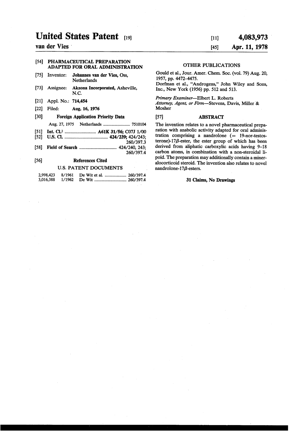 United States Patent (19) (11) 4,083,973 Van Der Wies (45) Apr