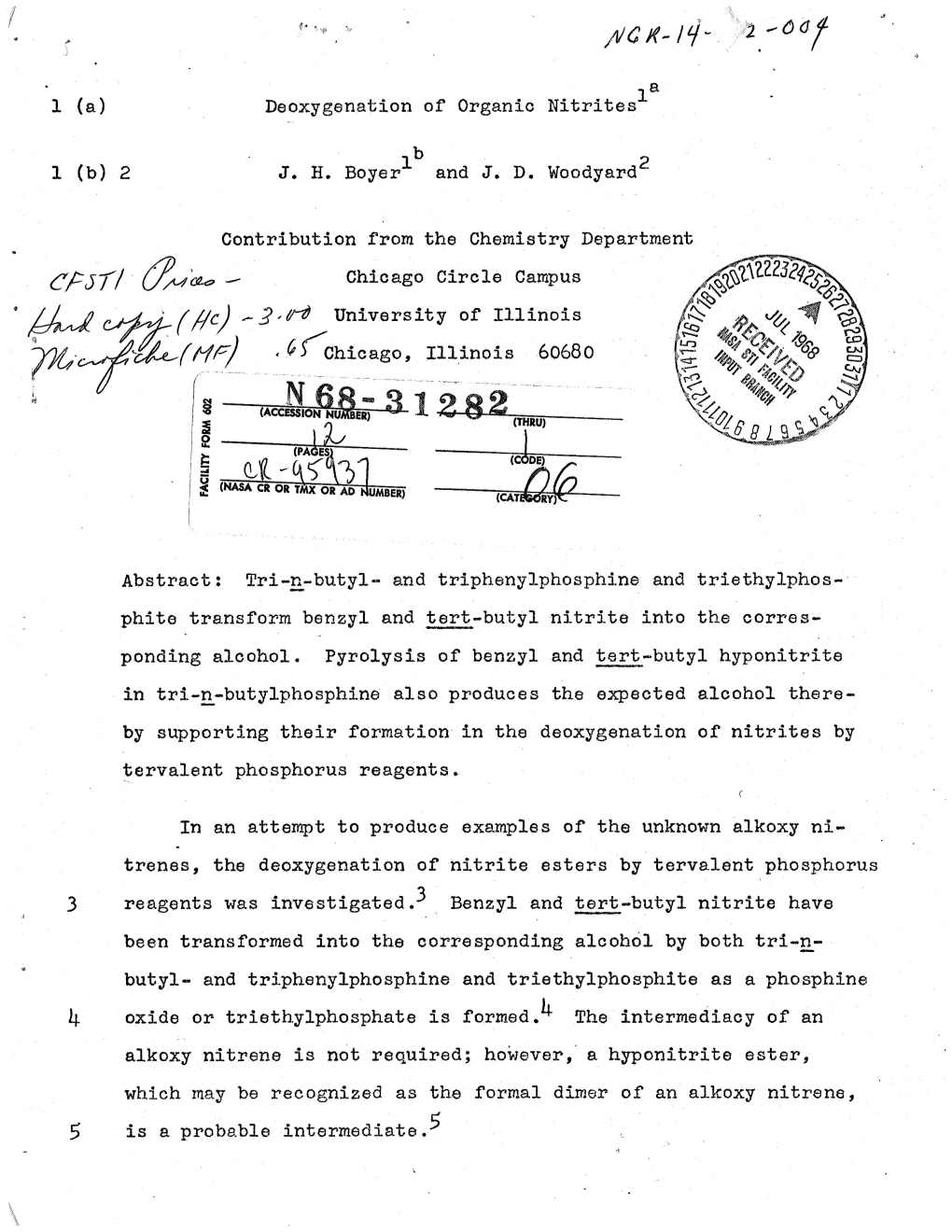 La Deoxygenation of Organic Nitrites Lb J. H. Boyer and J. D. Woodyard Contribution from the Chemistry Department Chicago Circle