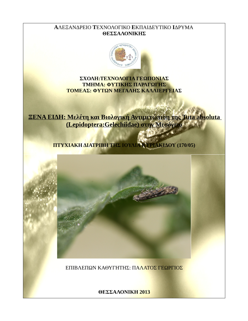 ΞΕΝΑ ΕΙΔΗ: Μελέτη Και Βιολογική Αντιμετώπιση Της Tuta Absoluta (Lepidoptera:Gelechiidae) Στην Μεσόγειο