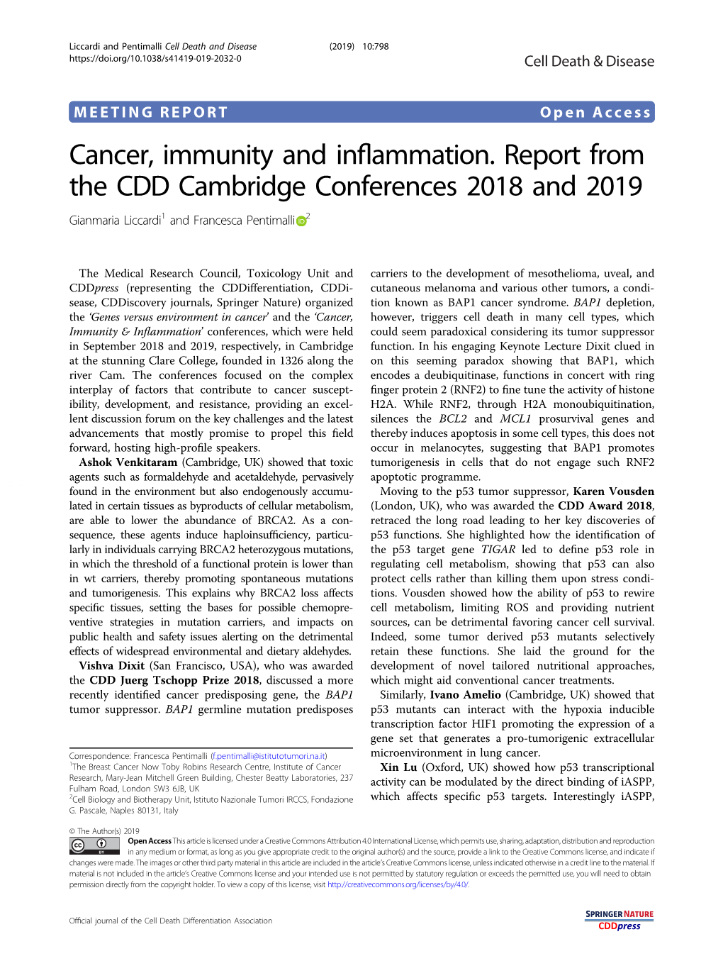Cancer, Immunity and Inflammation. Report from the CDD Cambridge